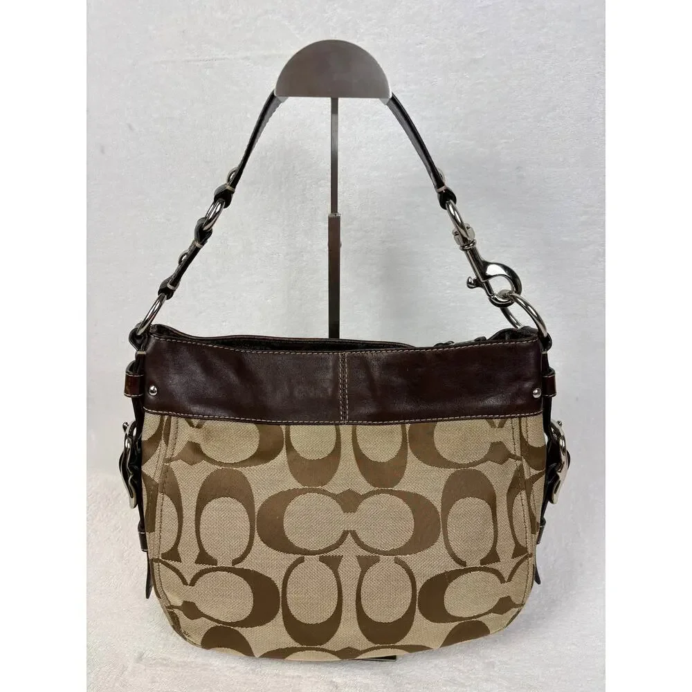 Coach Signature Y2K Zoe Hobo in Tan/Dark Brown Jacquard with Custom Charm